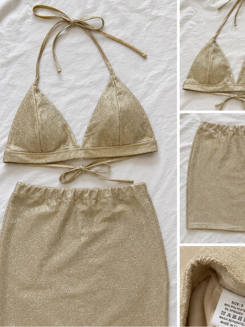Gold Shimmer Two-Piece Set | Triangle Halter Top & Mini Skirt